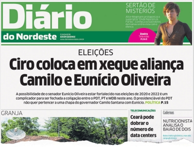 Fac-símile da chamada de capa do Diário do Nordeste, do último sábado, quando foi destacada a manifestação de Ciro Gomes sobre a possibilidade da coligação