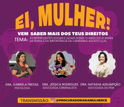 Procuradoria da Mulher debate 15 anos da Lei Maria da Penha em live nesta sexta